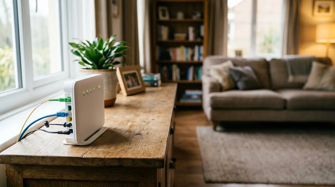 Box internet et câbles fibre dans un salon